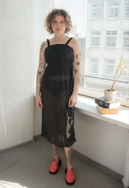 Vintage 70's Black Polka Dot Midi Dress