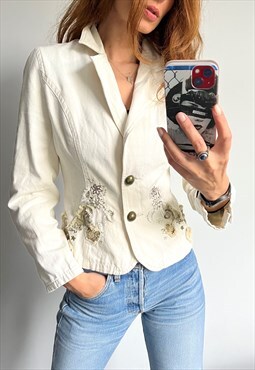 Cotton White Short Waisted Summer Vintage Blazer Jacket S