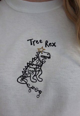 EMBROIDERED CHRISTMAS TREE REX DINO ON WHITE T-SHIRT