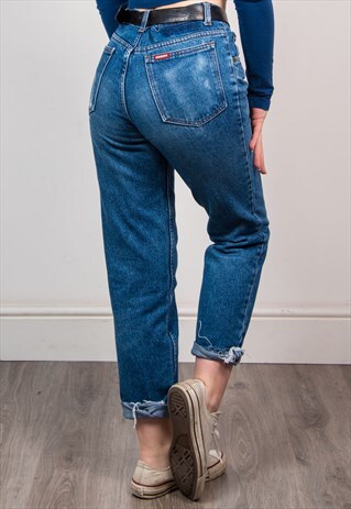 VINTAGE 90'S BLUE DENIM RAW HEM MOM JEANS