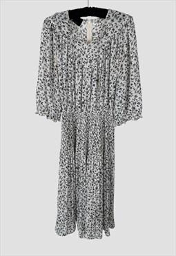 80's Vintage Ladies Black White Floral 3/4 Sleeve Midi Dress