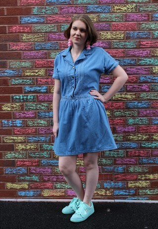 VINTAGE DENIM DRESS 90S LIGHT BLUE COLLARED SKATER DRESS