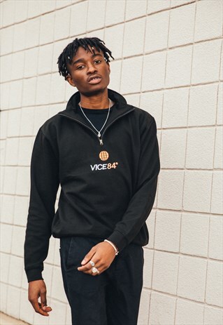 VICE 84 'GLOBE' EMBROIDERED 1/4 ZIP SWEATSHIRT - BLACK