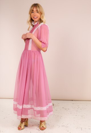 VINTAGE 70S SHEER PINK TEA DRESS WITH LACE DETAILING