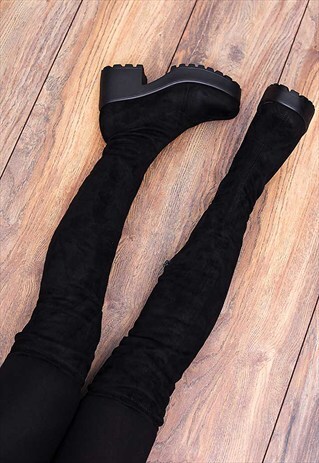 FRISCO PLATFORM BLOCK HEEL OVER KNEE TALL BOOTS - BLACK