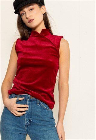 VINTAGE 90S MAROON VELVET QIPAO STYLE TOP