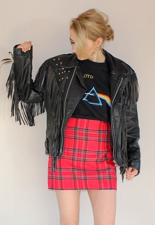 VINTAGE 80S BLACK LEATHER BIKER FRINGED WESTERN JACKET