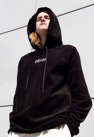DEMOS EMBROIDERED LOGO BLACK CORDUROY HOODIES