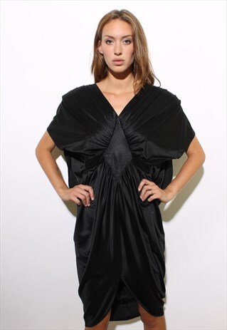 VINTAGE 1980'S 80'S BLACK SATIN DRAPED DECO STYLE DRESS M-L