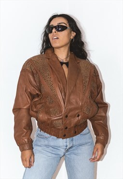 Vintage Brown 80s Patchwork Real Leather Bomber Jacket 