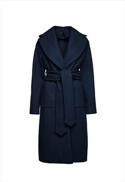 Long Navy Blue Faux Mouflon Coat with Belt 