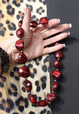 90s Vintage Red Chunky Stone Bead Necklace Grunge Punk Rock