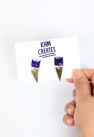 GEM TRI DROP STUDS IN PURPLE AND GOLD
