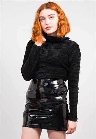 VINTAGE 90'S BLACK VELVET PATTERNED ROLL NECK TOP