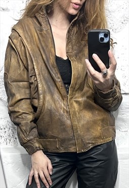 80s Real Leather Brown Bomber Jacket - M - L