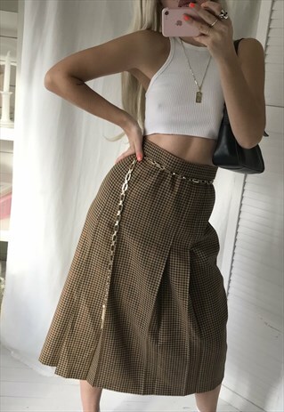 VINTAGE 90S PURE WOOL CHECKED TARTAN PLEATED MIDI SKIRT