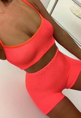 CAMI CROP TOP & SHORTS IN NEON CORAL CRINKLE
