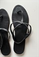 BLACK REAL LEATHER FLAT T STRING SLIPPERS / SANDALS - UK6