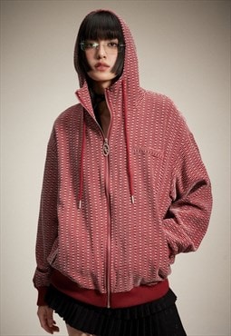 Raised neck woolen jacket geometric utility bomber in red