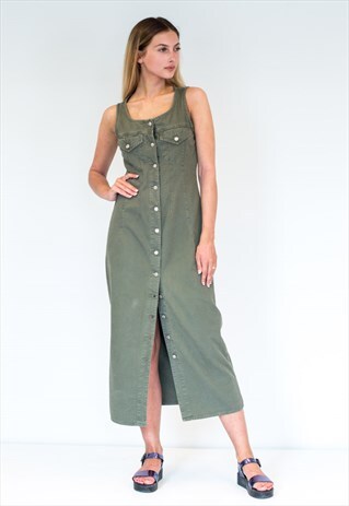 VINTAGE RETRO LONG KHAKI DENIM DRESS