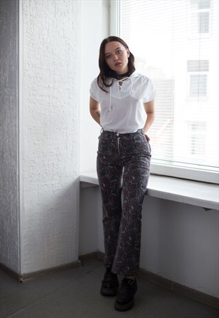 VINTAGE 90'S GREY/MAROON PAISLEY PRINT STRAIGHT TROUSERS