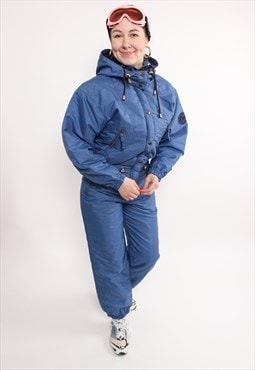 80s one piece ski suit, vintage blue snowsuit, retro winter 