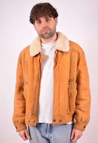MENS VINTAGE SHEARLING JACKET LARGE BROWN 90S
