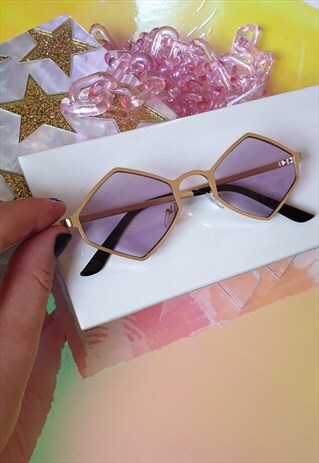 GOLD HEXAGON SUNGLASSES WITH PURPLE TINTED LENSES