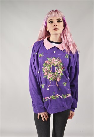 VINTAGE CHRISTMAS WREATH SWEATSHIRT PURPLE