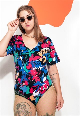 VINTAGE BODYSUIT 90S PSYCHEDELIC FLOWER COTTON BODY