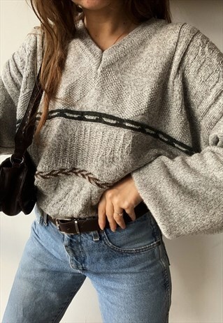 VINTAGE 80S ABSTRACT KNIT UNISEX JUMPER SWEATER PULLOVER