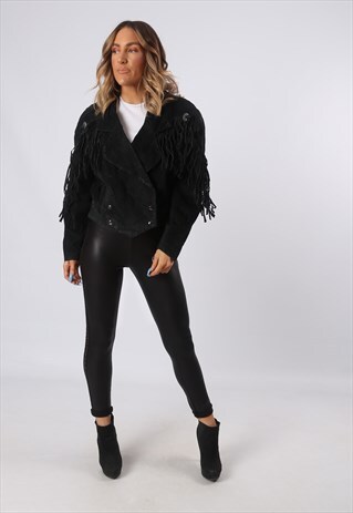 TASSEL FRINGE SUEDE LEATHER JACKET UK 12 (B61L)