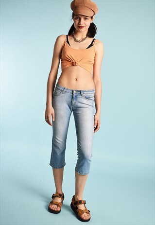 Y2K STONEWASH LOW WAIST SHORT CUT CAPRI DENIM JEANS