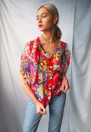 VINTAGE COLOURFUL PATTERNED SEMI SHEER BLOUSE