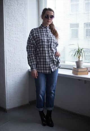 VINTAGE 70'S WHITE/GREY TARTAN LONG SLEEVES SHIRT