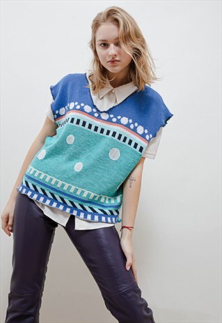 VINTAGE REWORKED BLUE BUBBLES V NECK KNIT VEST UNISEX
