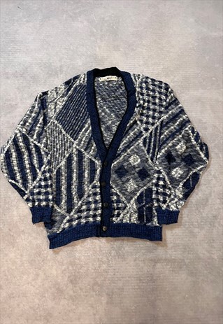 VINTAGE ABSTRACT KNITTED CARDIGAN PATTERNED GRANDAD SWEATER