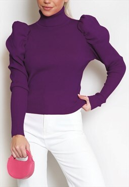 High Neck Puff Sleeve Ribbed Jumper In Purple 