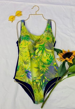 Vintage 80s Green Floral Print Low Back Swimsuit
