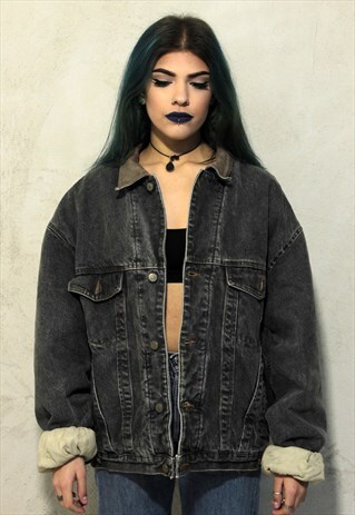 GREY VINTAGE DIESEL LEATHER COLLAR PADDED DENIM JACKET A396