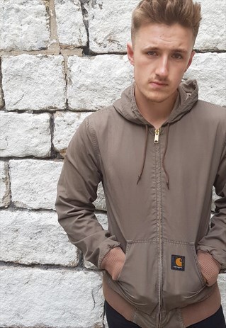 VINTAGE CARHARTT ZIPPED JACKET WITH HOOD KHAKI GREEN SMALL