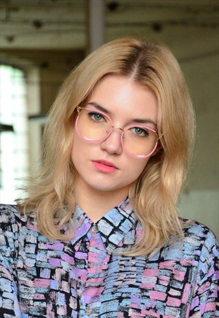 PINK GLASSES, CLEAR LENSES