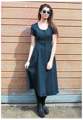 VINTAGE 90S GREEN CHECK BUTTON DOWN MIDI DRESS