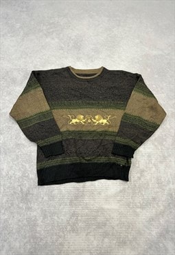 Vintage Knitted Jumper Embroidered Lion Patterned Sweater