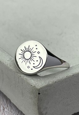 Silver Sun and Moon Stars Signet Ring, 925 Sterling Jeweller
