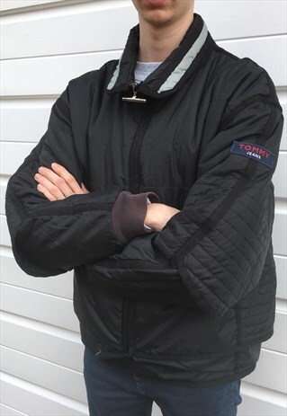 MENS VINTAGE 80S TOMMY HILFIGER COAT BLACK BOMBER JACKET