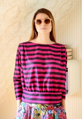 PINK AND BLACK STRIPE BATWING TOP