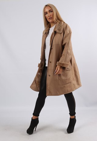 VINTAGE SHEEPSKIN LEATHER SHEARLING COAT UK 18 XXL (JK1G)