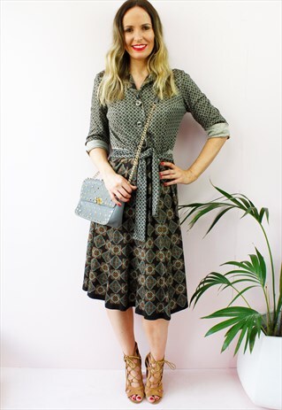 VINTAGE 80'S RETRO PAISLEY PRINT A LINE SHIRT MIDI DRESS