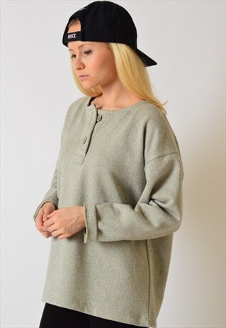 VINTAGE 90S BEIGE OLIVE GREEN MINIMALIST 1/4 BUTTON JUMPER